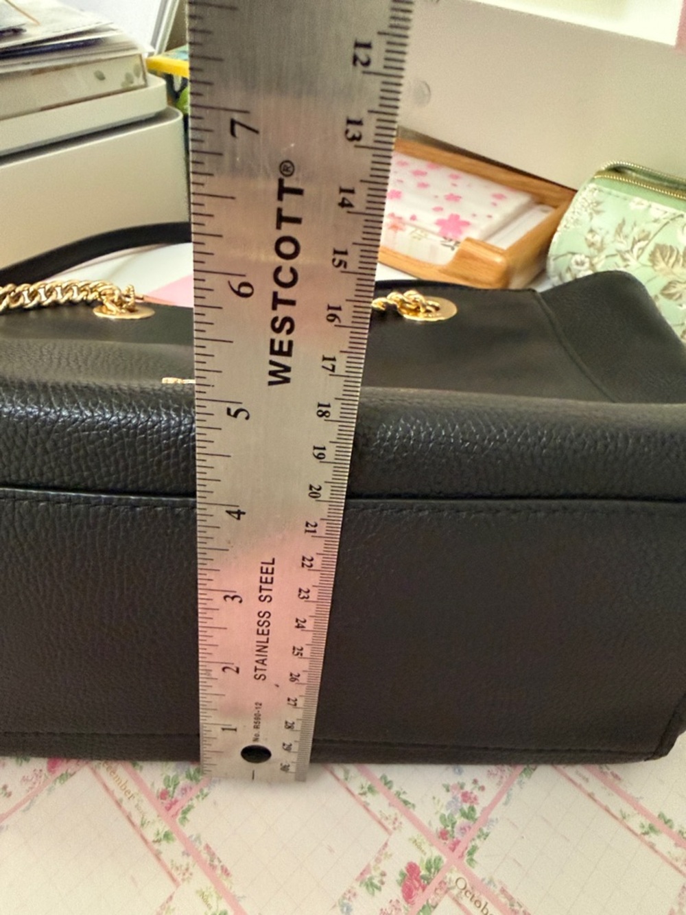 Coach Black Leather Tote with Gold Chain Handles - Picture 13 of 15